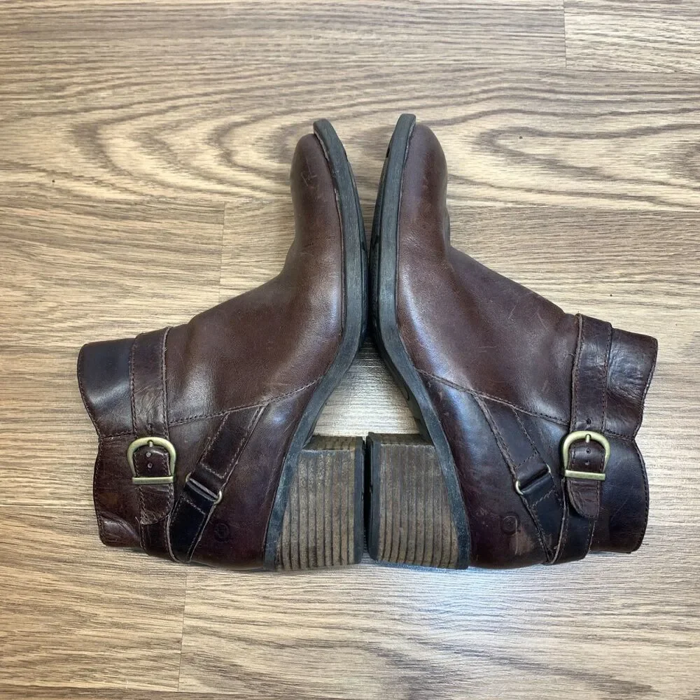 Born Shoes Womens 8M Booties Leather Casual Fashion‎ Adia Moto Brown Block Heel
